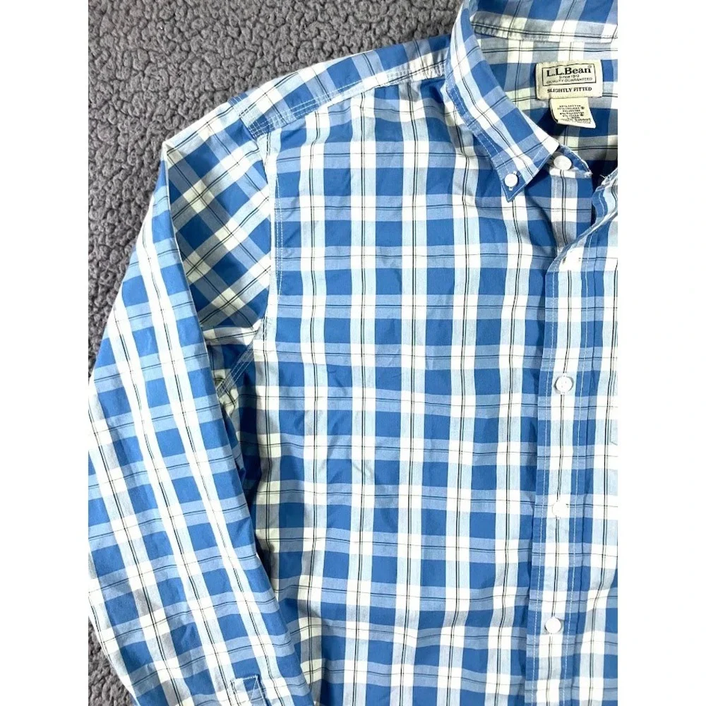 LL Bean Mens Blue White Plaid CoolMax Slightly Fitted Button Down Shirt L-Reg